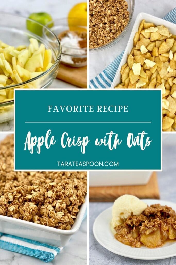 Pinterest. graphic for Favorite Apple Crisp Recipe with Oats on Tara Teaspoon.