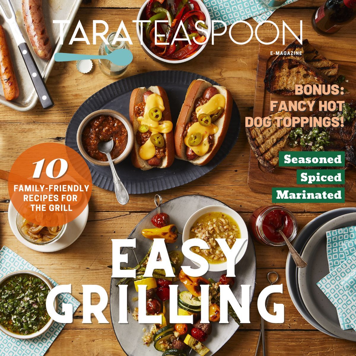 square image of the grilling magazine cover image with text over table full of grilled food.