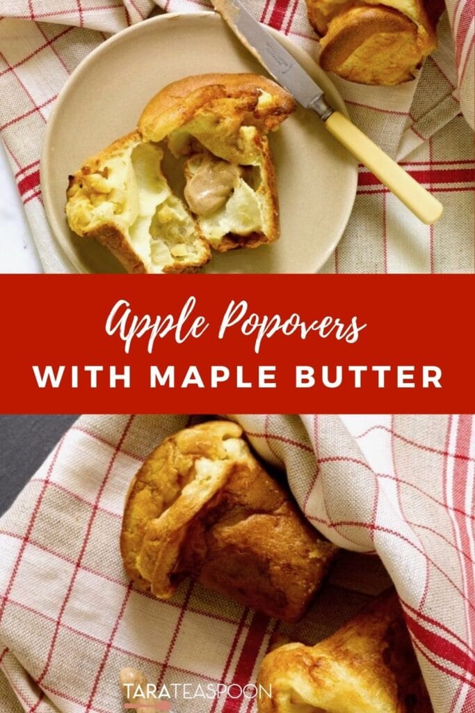 Pinterest graphic for Apple Popovers with Maple Butter recipe on Tara Teaspoon.