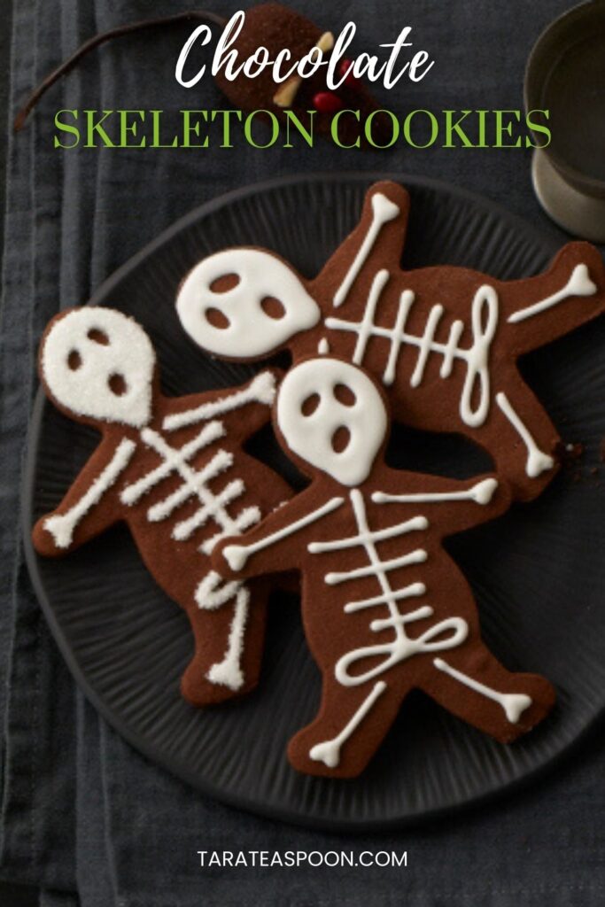 Pinterest graphic for Chocolate Skeleton Cookies recipe on Tara Teaspoon.