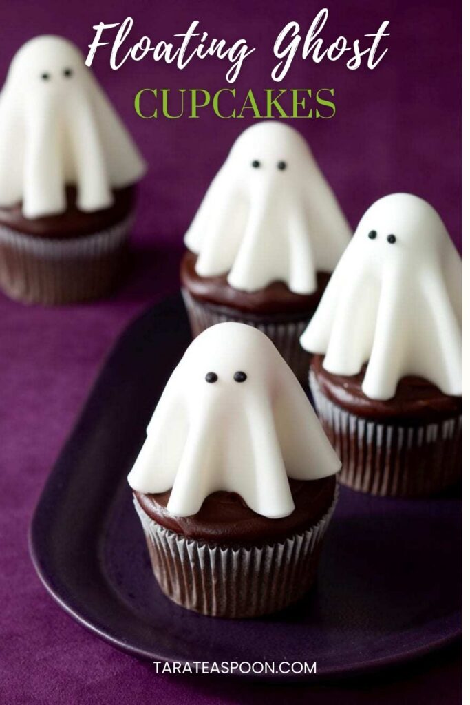 Pinterest graphic for Floating Ghost Cupcakes recipe on Tara Teaspoon.
