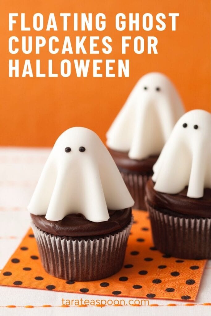 Pinterest graphic for Floating Ghost Cupcakes recipe on Tara Teaspoon.