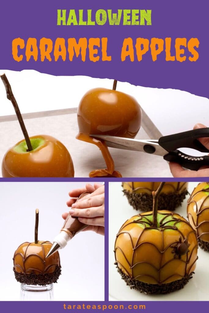Pinterest graphic for Halloween Spiderweb Caramel Apples recipe on Tara Teaspoon