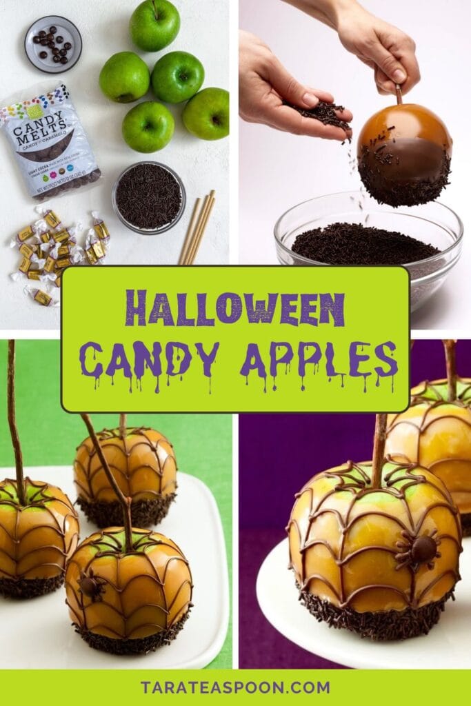 Pinterest graphic for Halloween Spiderweb Caramel Apples recipe on Tara Teaspoon