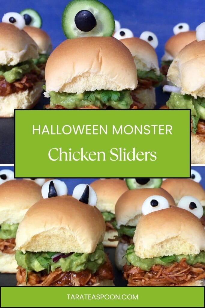 Pinterest graphic for Halloween Monster Chicken Sliders recipe on Tara Teaspoon.