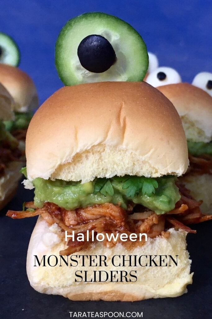 Pinterest graphic for Halloween Monster Chicken Sliders recipe on Tara Teaspoon.