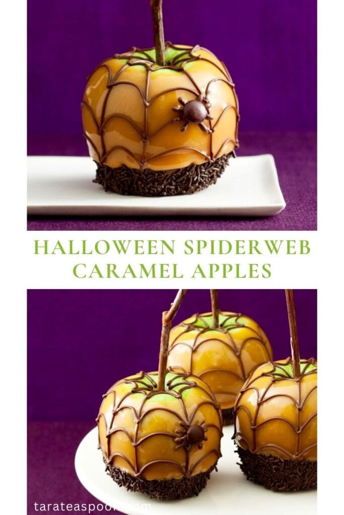 Pinterest graphic for Halloween Spiderweb Caramel Apples recipe on Tara Teaspoon.