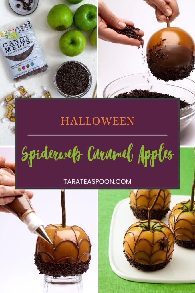 Pinterest graphic for Halloween Spiderweb Caramel Apples recipe on Tara Teaspoon.