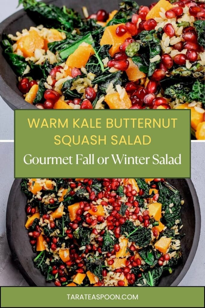 Pinterest graphic for Warm Kale Butternut Squash Salad recipe on Tara Teaspoon.