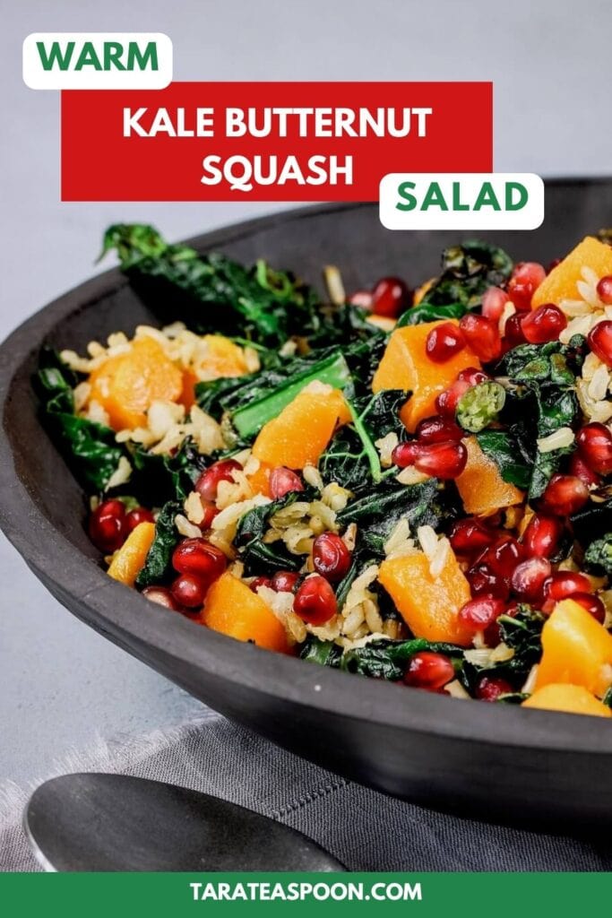 Pinterest graphic for Warm Kale Butternut Squash Salad recipe on Tara Teaspoon.