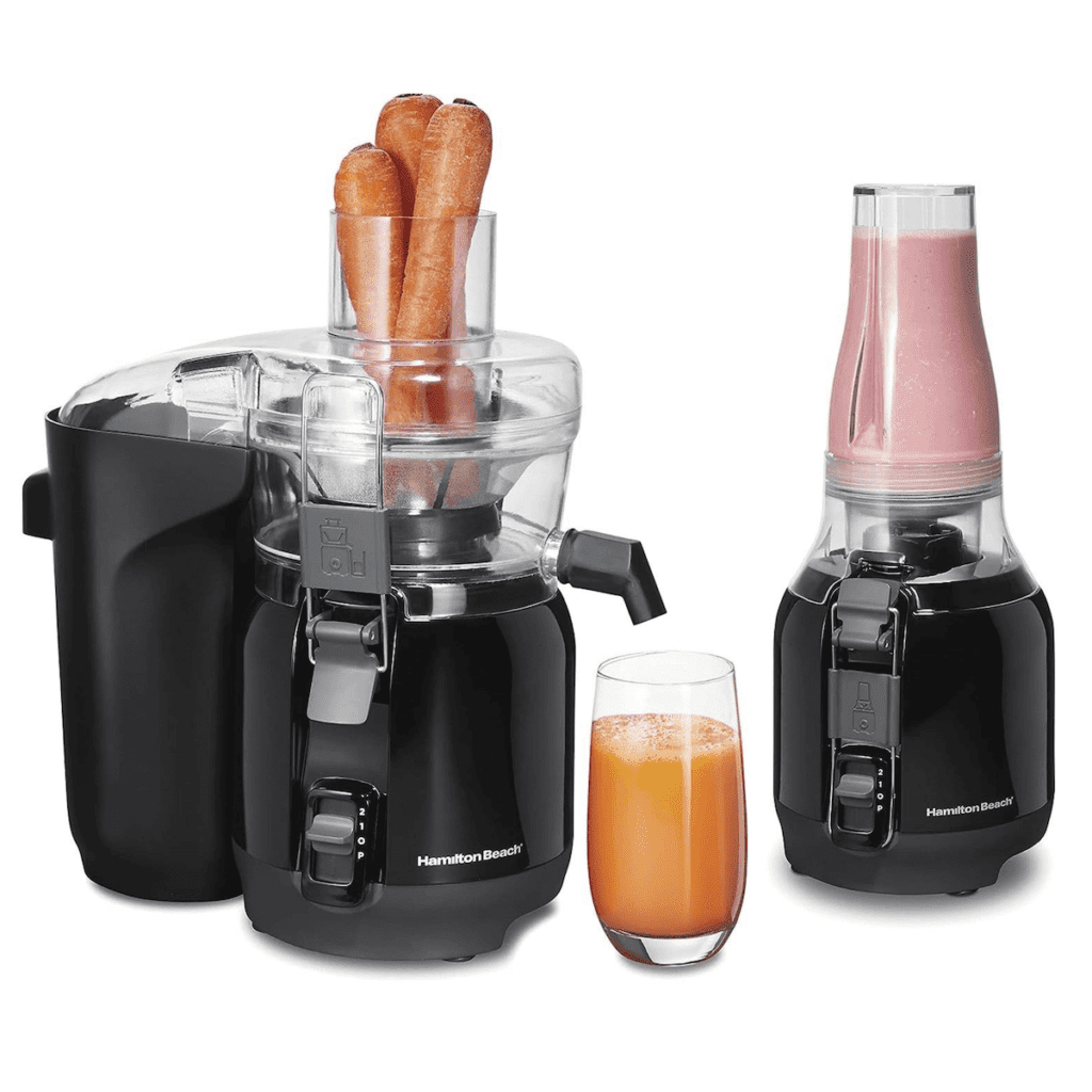 Hamilton Beach 2-in1 Juicer and Blender in the color black, displaying carrots being juiced and a berry smoothie being blended.