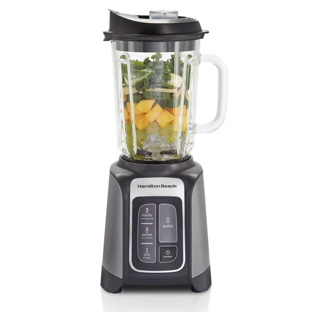 Hamilton Beach Grey, Stainless Steel Professional-Performance Blender with fruit and kale in jar.