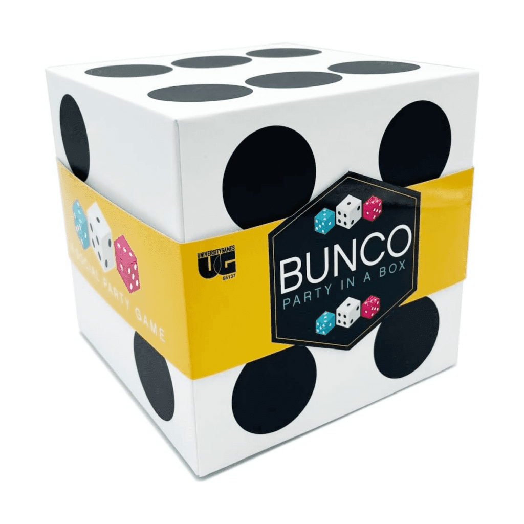 Square box that is printed to look like a dice, holding University Game's Bunco Party in a Box.