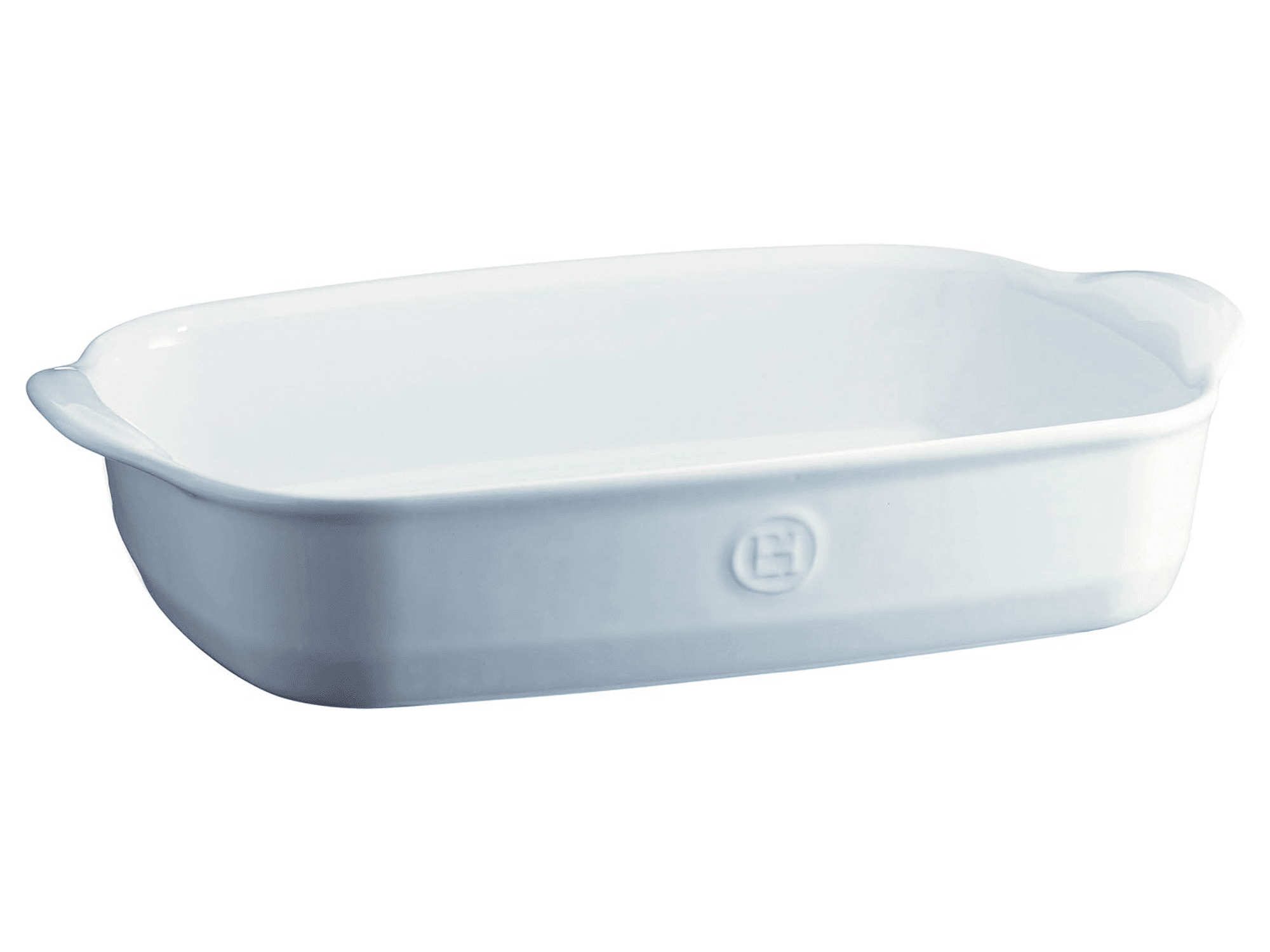 Emile Henry Ultimate Rectangular Baking Dish in white, size 14in X 9in, over a white background.