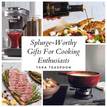 Image of four gifts with a title splurge worthy gifts for cooking enthusiasts.