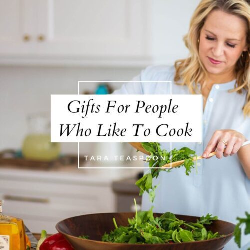 Image of Tara tossing a salad with a title Gifts for people who like to cook.