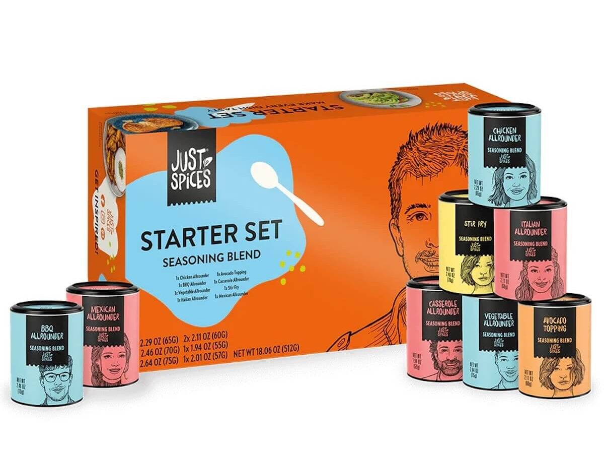 Just Spices unpacked Starter Set displaying its 8 spice blends; including chicken allrouner, BBQ allrounder, vegetable allrounder, Italian allrounder, avocado topping, casserole allrounder, stir fry, and Mexican all grounder.