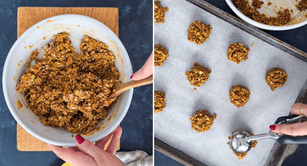 Mixing batter with a spoon, and scooping no bake pumpkin cookies with a cookie scoop.