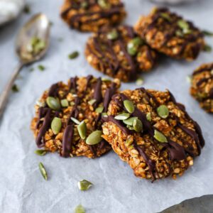 Close up showing craggy texture of no bake cookies with pumpkin.