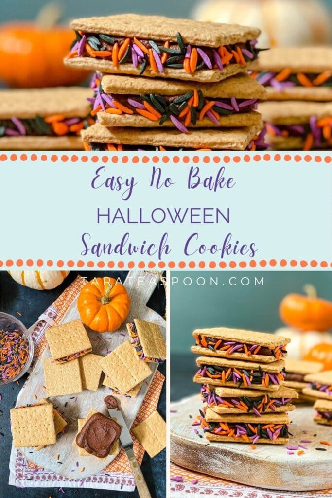 Pinterest graphic for Halloween Graham Cracker and Frosting Sandwich Cookies recipe on Tara Teaspoon.