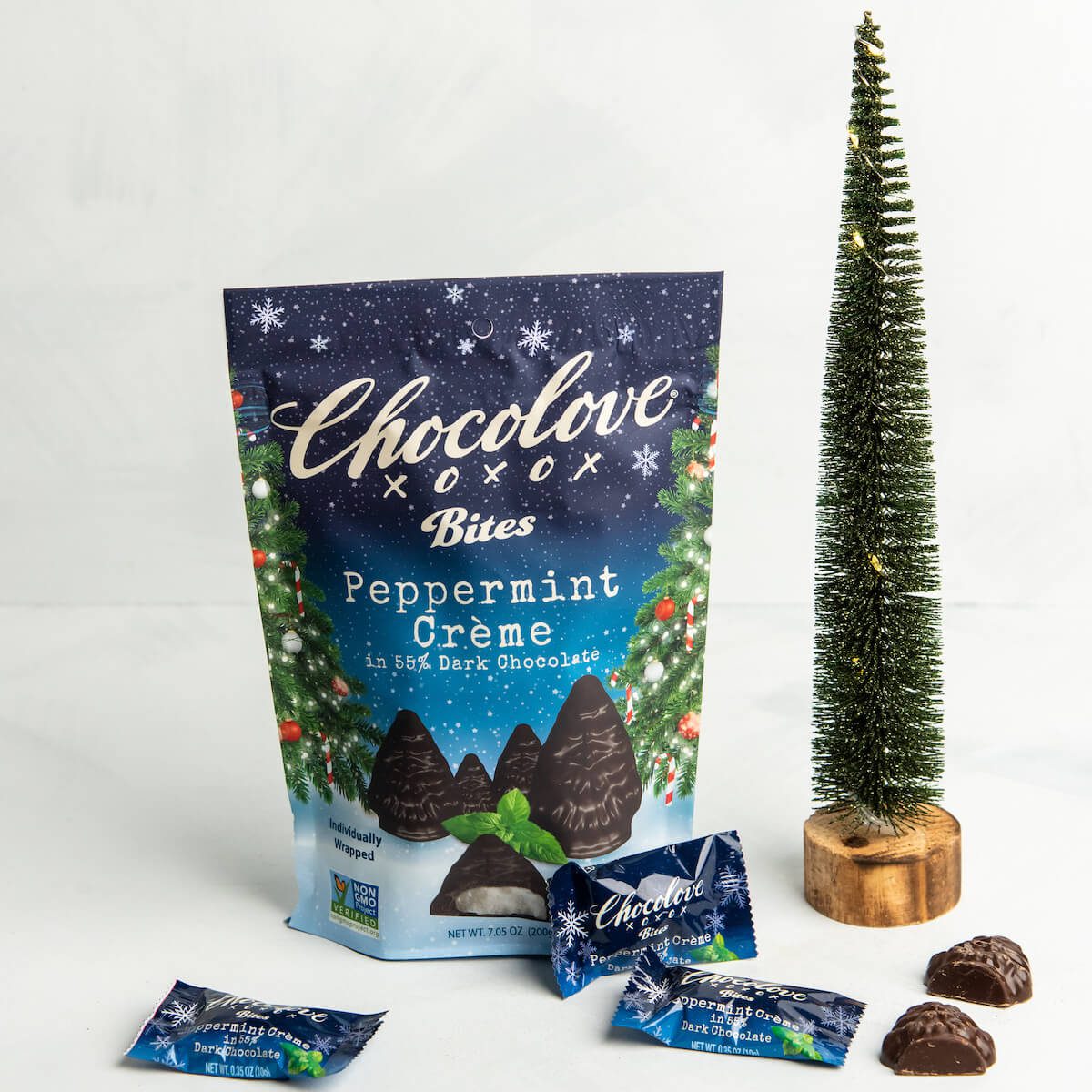 Chocolove peppermint creme tree bites with a product bag for gifts for people who like to cook.
