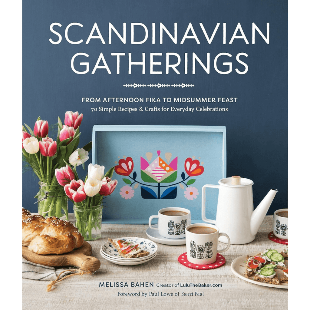 Photo of the cover of Scandinavian Gatherings by Melissa Bahen, displaying a Sweedish breakfast spread with tulips, bread, and coffee.