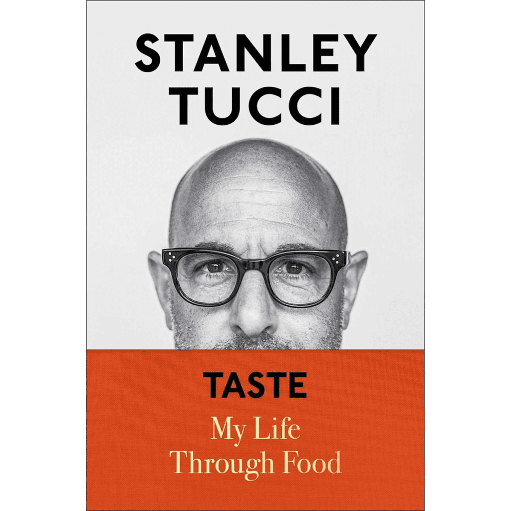 The cover image of Stanley Tucci's book called Taste featuring a black and white portrait of Tucci.