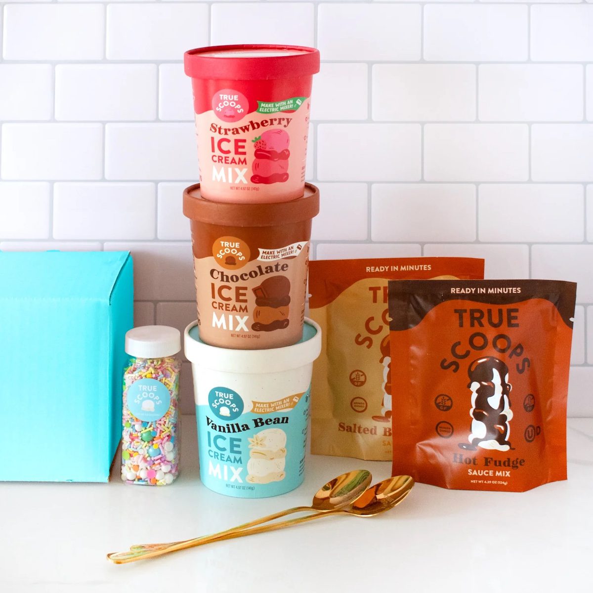 True scoops ice cream making kit with mixes and containers.