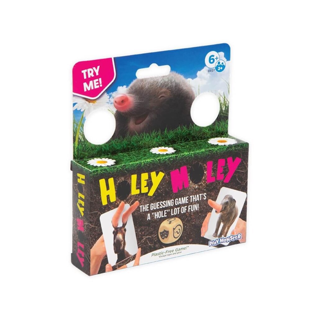 Package of the game Holey Moley by Play Monster over a white background, featuring animal cards with fingers popping through them.