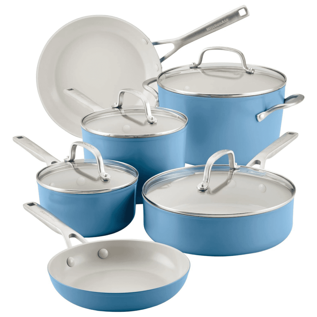10-Piece set of KitchenAid Ceramic Nonstick Pots and Pans Set in the color blue velvet over a white background.