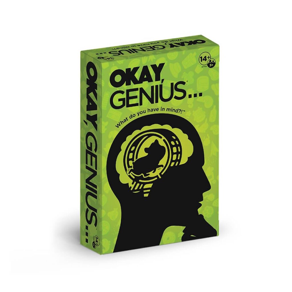 The game "Okay, Genius..." boxed in a bright green color with the black silouette of a man in thought.