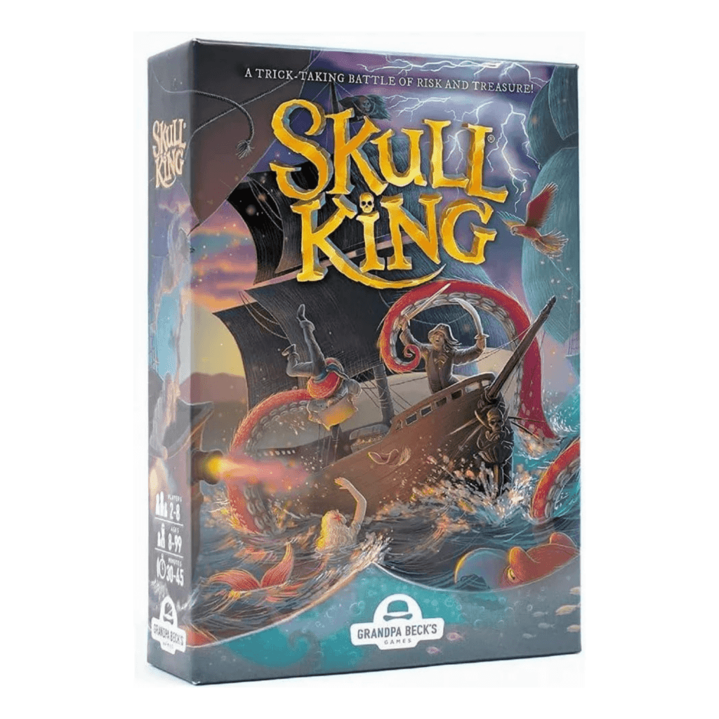 Package of Skull King by Grandpa Beck's Game, featuring a pirate ship being taken over by an octopus on a stormy day.