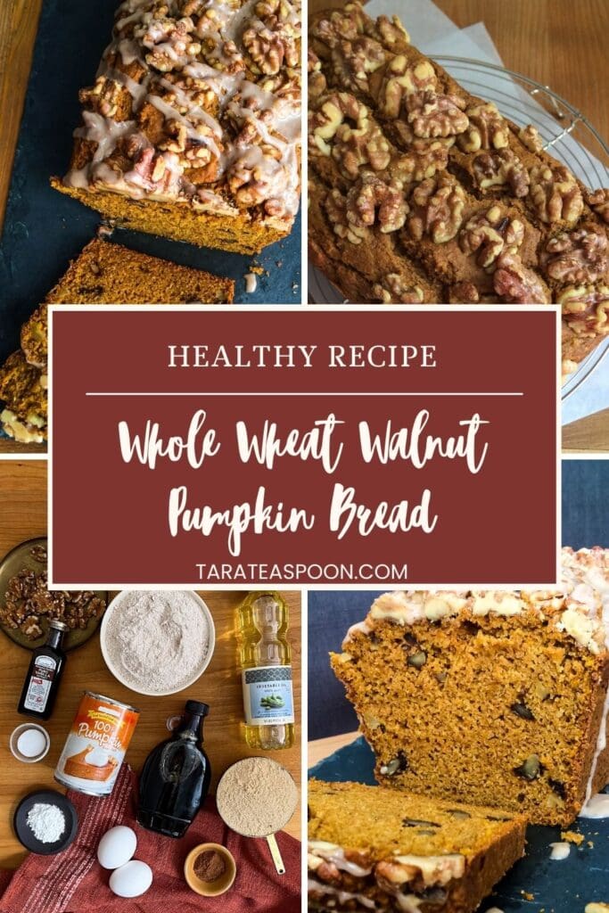 Pinterest graphic for Whole Wheat Walnut Pumpkin Bread recipe on Tara Teaspoon.
