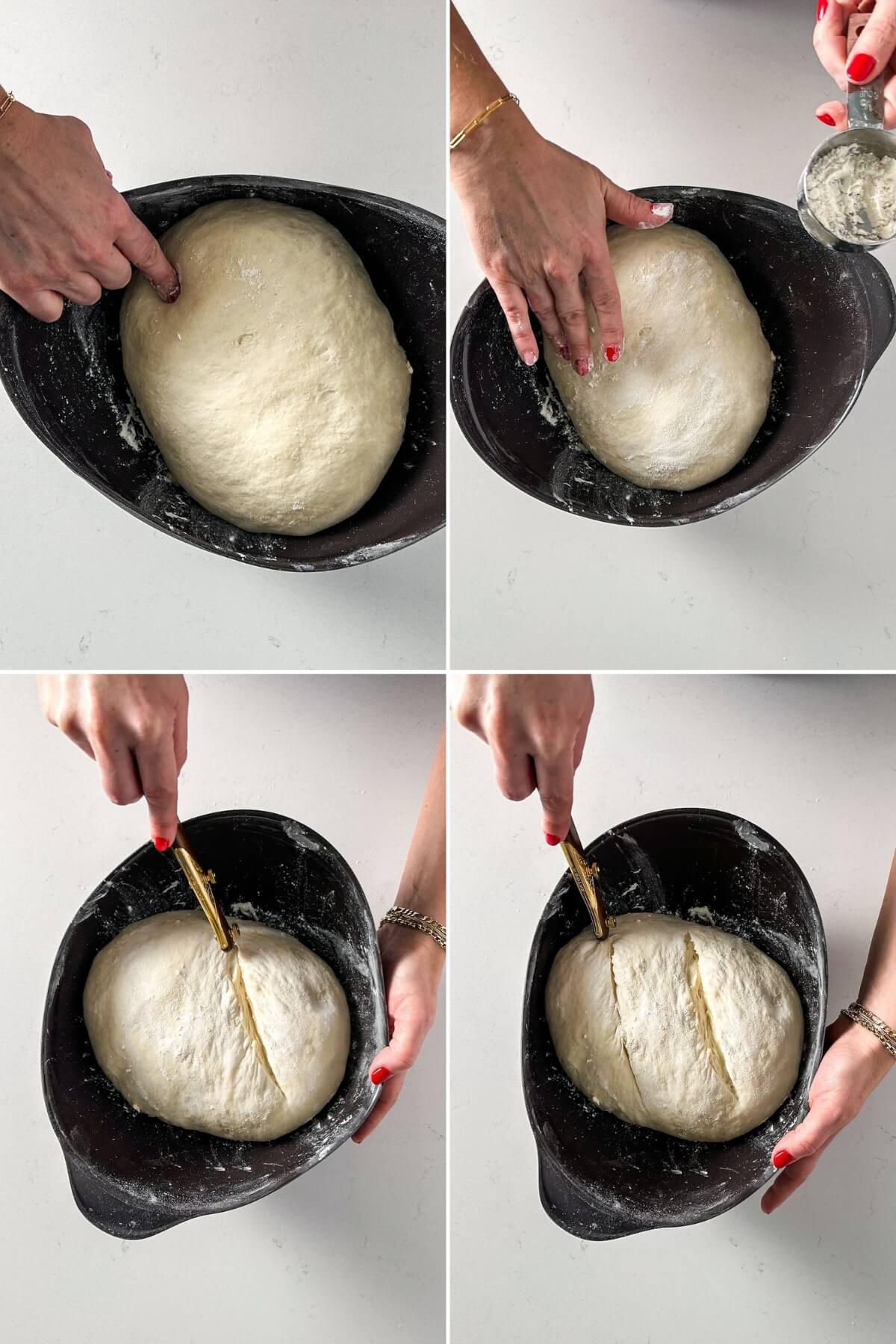 The poke test for proofed dough and scorring the top of the loaf before baking.