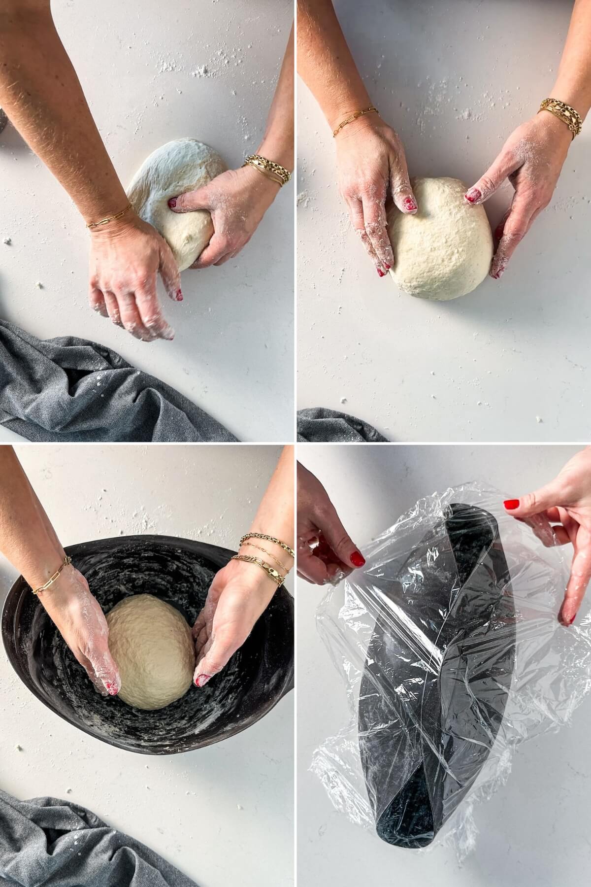Forming bread dough and placing in a bowl for first rise or autolease.