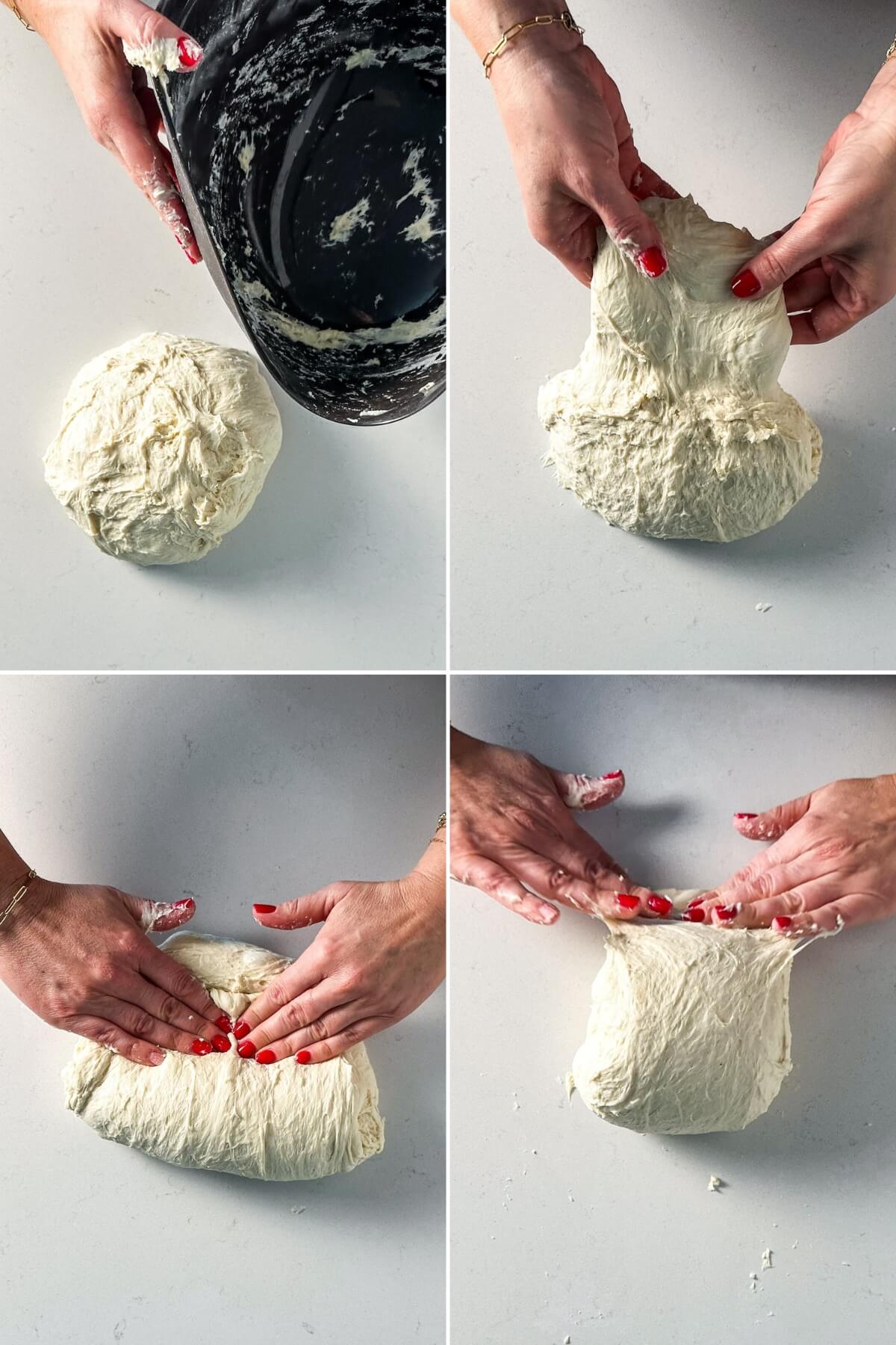 Developing structure of dough by kneading and stretching.