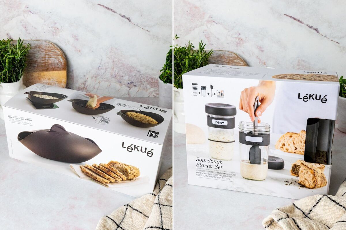 Lekue sourdough products in their boxes on a kitchen counter.