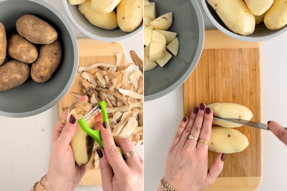 peeling russet potatoes and chopping them for mashed potatoes