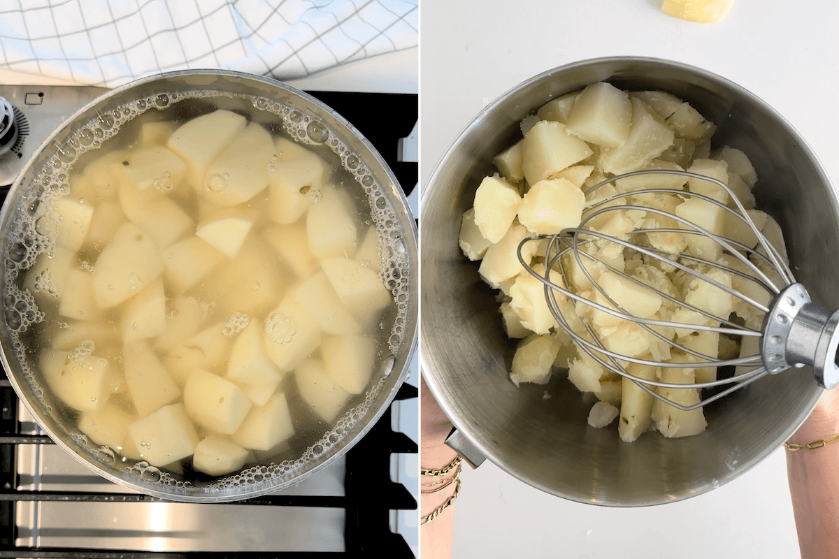 boiling potatoes until soft and putting them in a stand mixer to cream for mashed potatoes