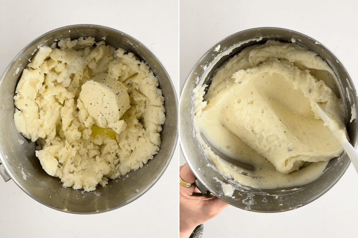adding boursin and butter to mashed potatoes and creaming them together to make boursin mashed potatoes