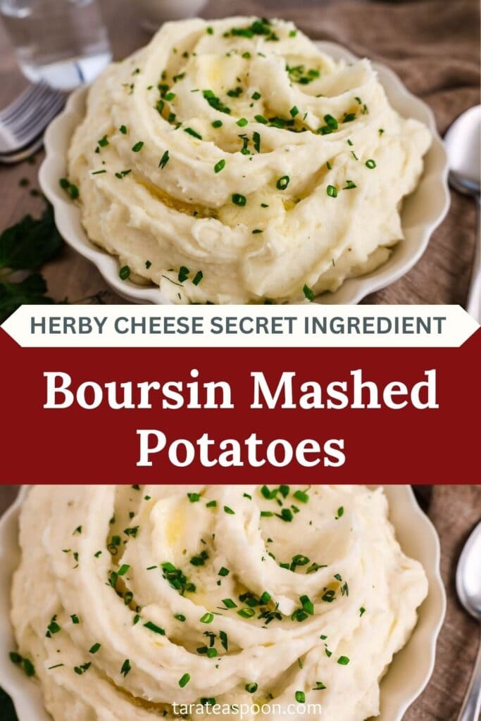 Pinterest graphic for Boursin Mashed Potatoes recipe on Tara Teaspoon.