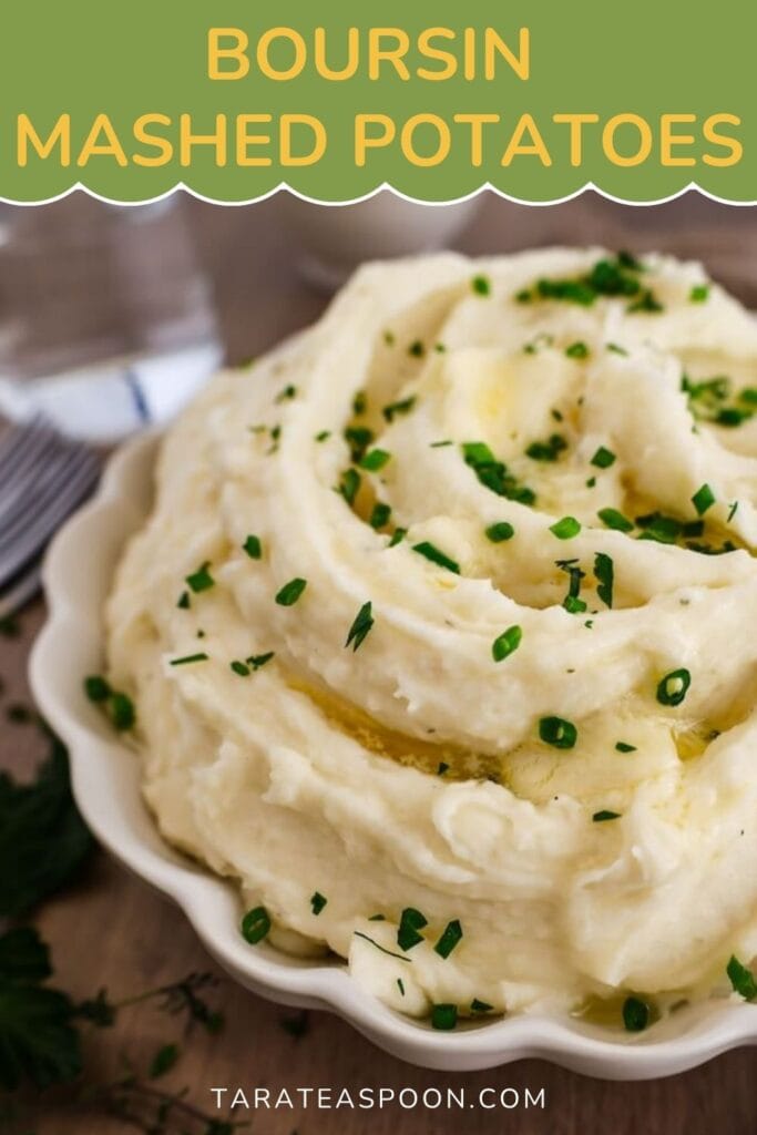 Pinterest graphic for Boursin Mashed Potatoes recipe on Tara Teaspoon.