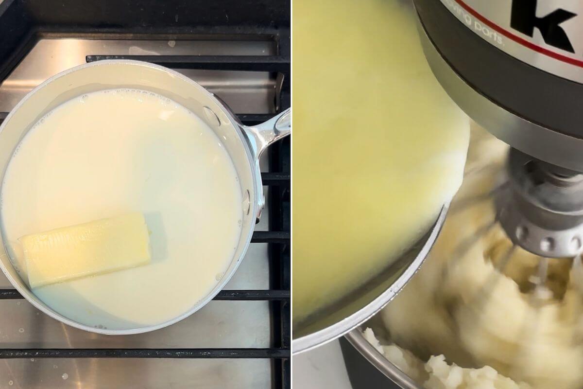 melting putter and whole milk together on a stove and then pouring it into mashed potatoes