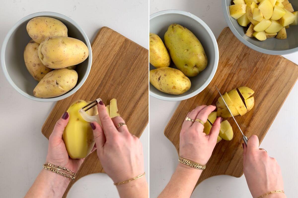 belling yukon potatoes and chopping them up to make mashed potatoes