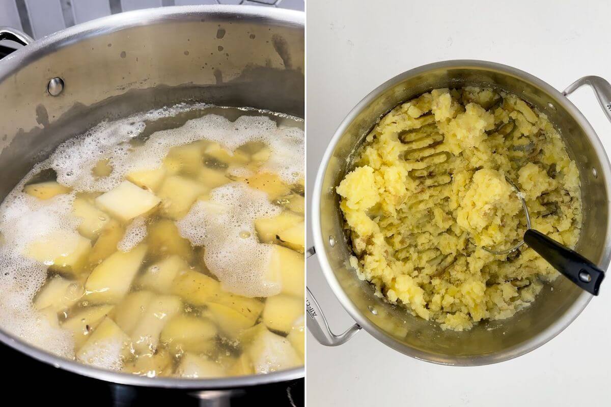 boiling yukon potatoes and mashing them once tender to make greek yogurt mashed potates