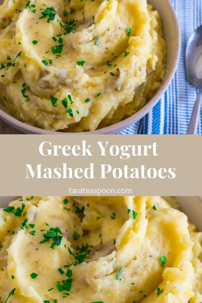 Pinterest graphic for Greek Yogurt Mashed Potatoes recipe on Tara Teaspoon.