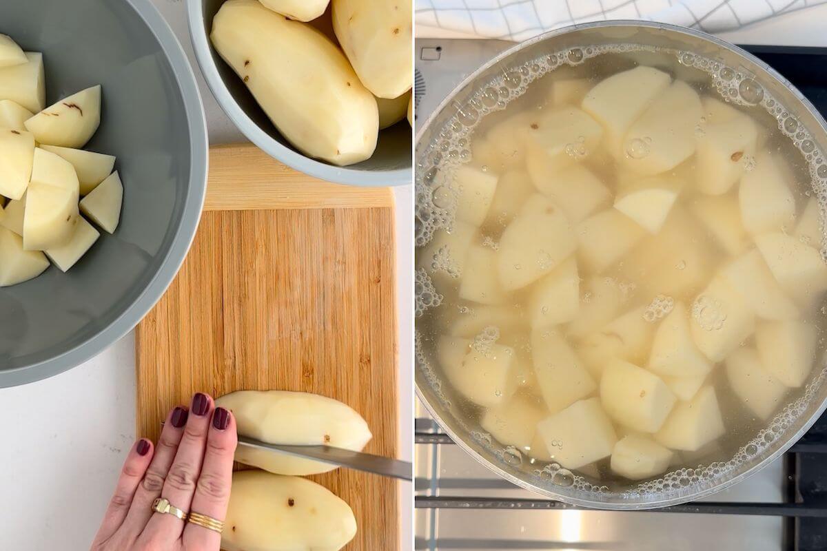 cubing russet potatoes and boiling them in salted water to make mashed potatoes