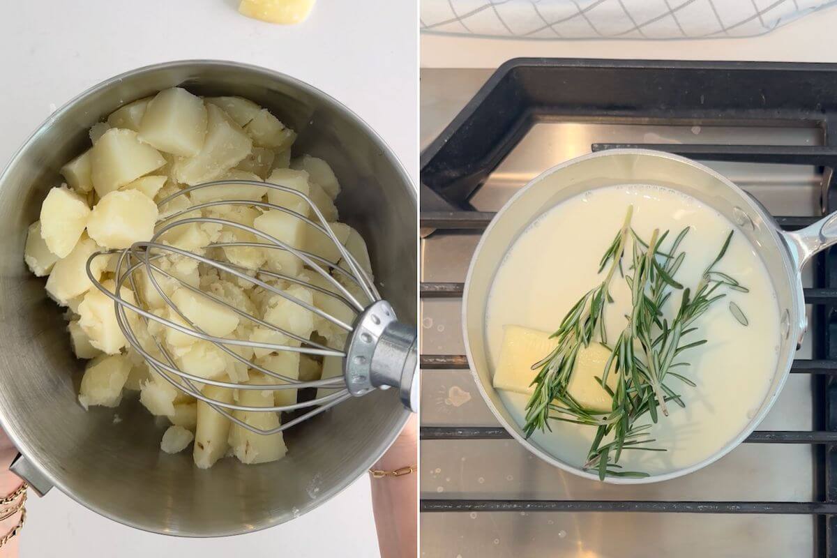Putting fork-tender cubed russet potatoes into a stand mixer and combining butter, milk, and rosemary sprigs in a saucepan to make rosemary mashed potatoes