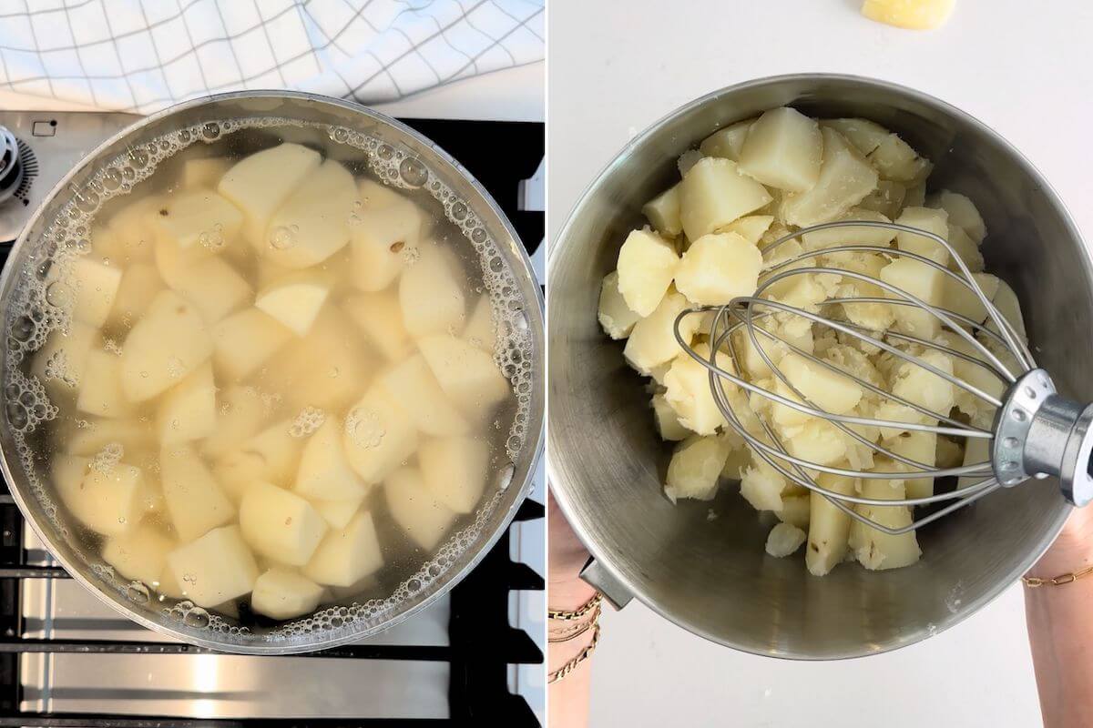 boiling russet potato cubes until fork tender and then placing them in a mixing bowl to be whipped for cheesy mashed potatoes