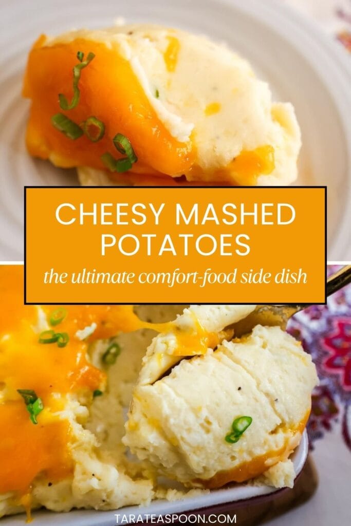 Pinterest graphic for Cheesy Mashed Potatoes recipe on Tara Teaspoon.
